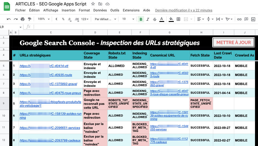 Google Search Console - Inspection des URLs - Google Sheets