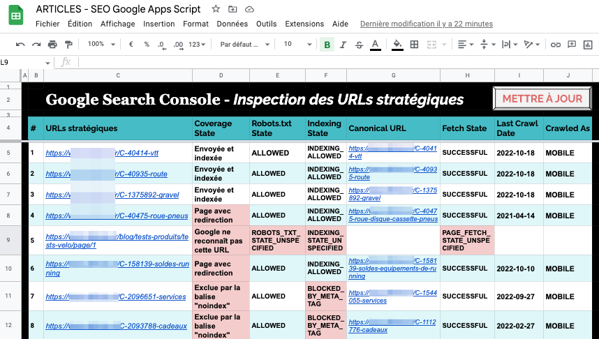 Google Search Console - Inspection des URLs - Google Sheets